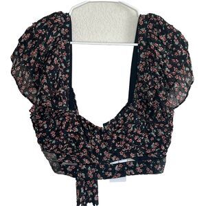 Lovers + Friends Revolve Top Floral Wrap Crop Top Long Sleeve Beaded Medium z25